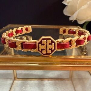 Tory Burch Marion Red Leather woven Gold chain cuff bracelet